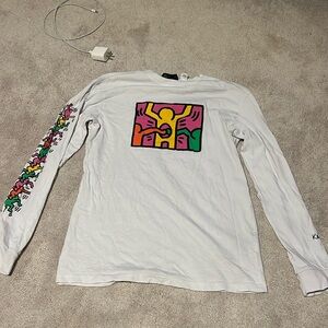 Size xs white h&m white long sleeve tee with colorful graphic keith haring art